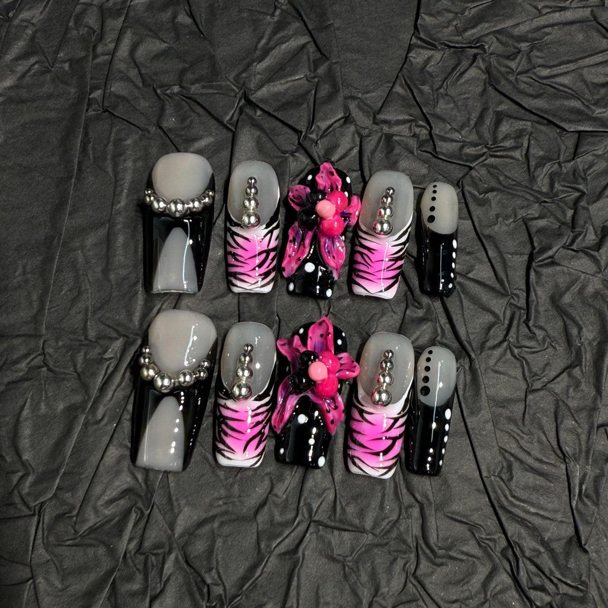 Pink Stripes 3D Flower（Handmade press on nails）/10Pcs Square Nails