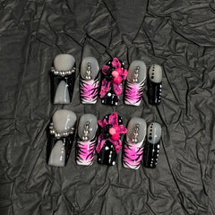 Pink Stripes 3D Flower（Handmade press on nails）/10Pcs Square Nails