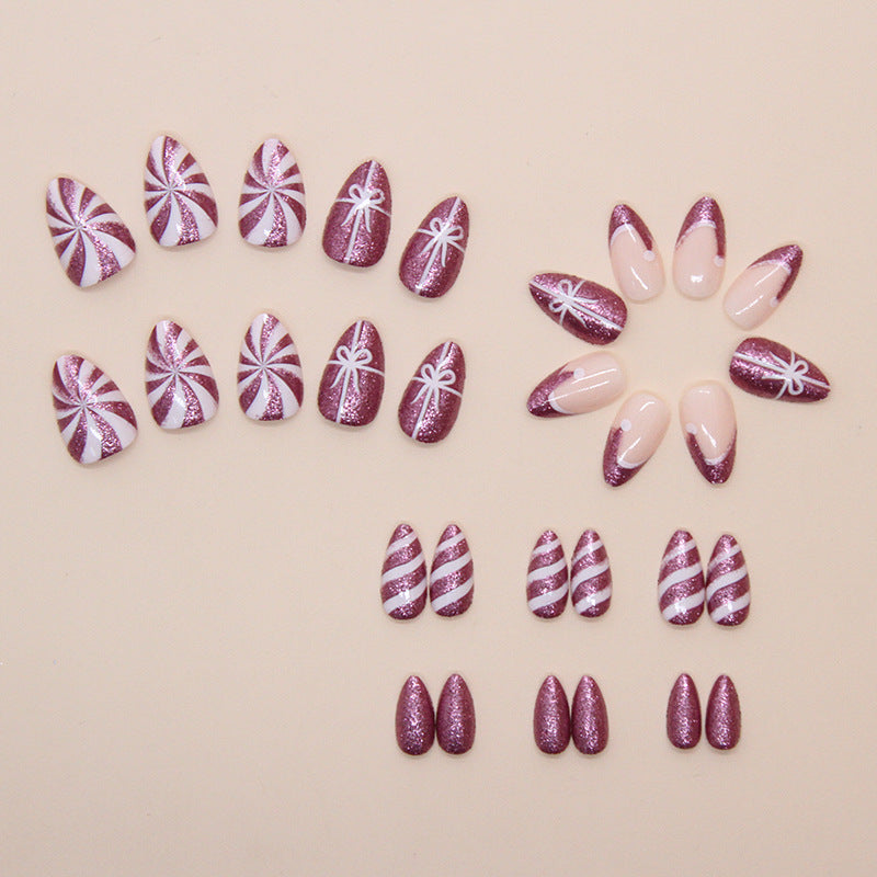 Fine Glitter Bow Stripes Press on Nails 24Pcs Short Almond Nails