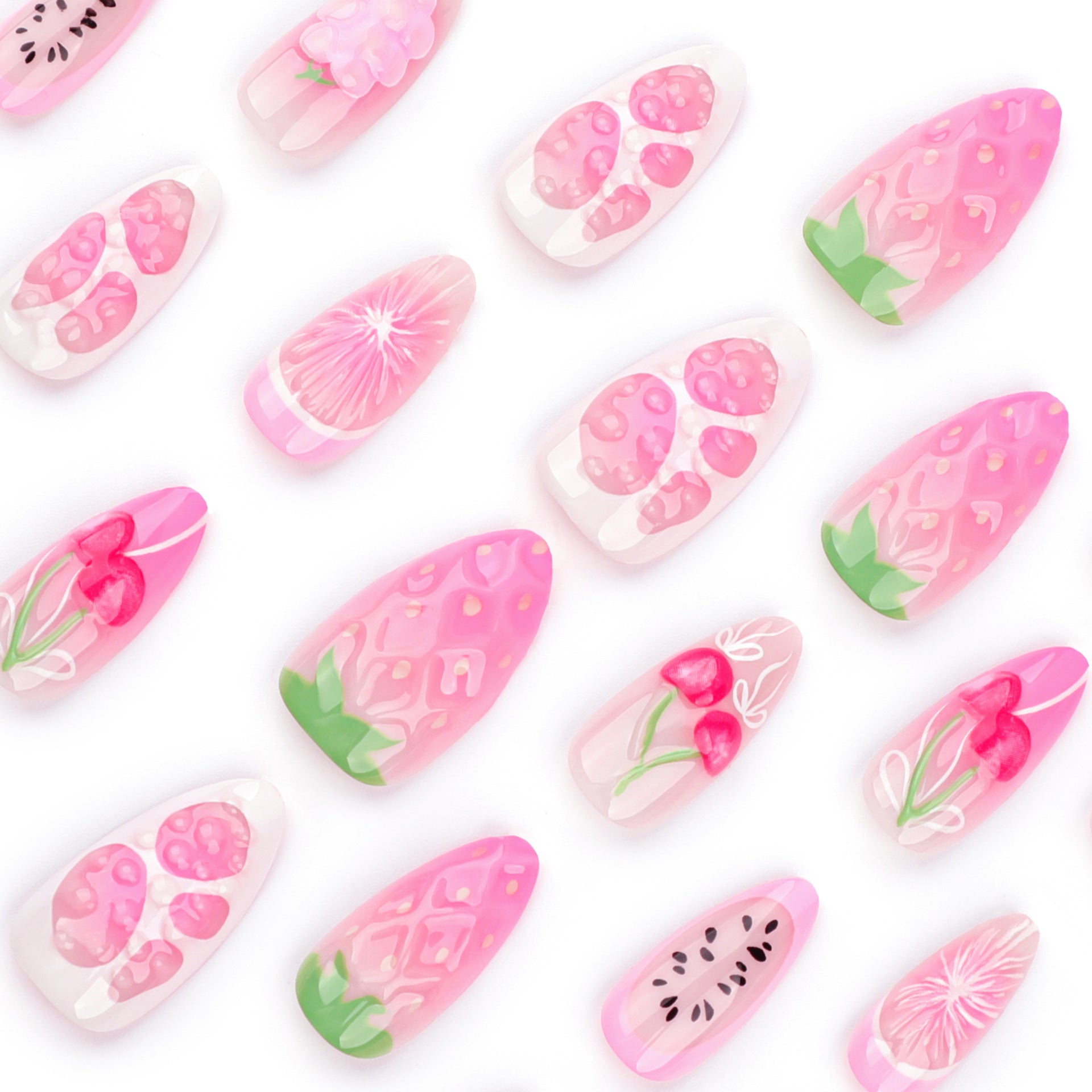 3D Fruit Strawberry Cherry Press on Nails 24Pcs Medium Almond Nails