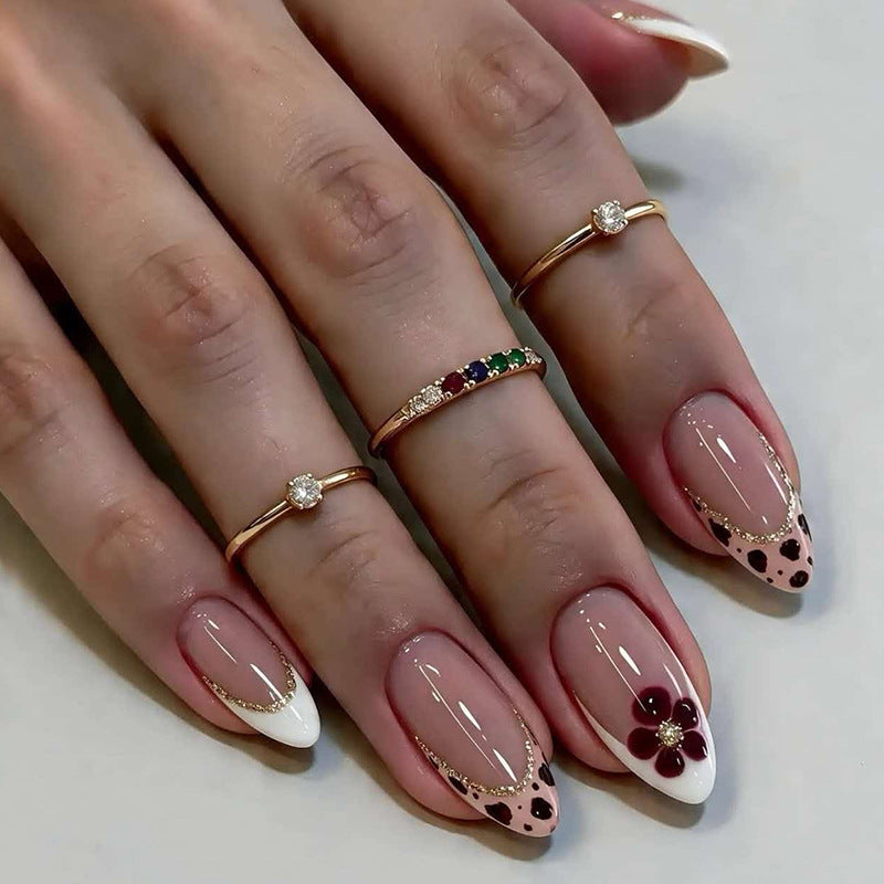 French Leopard Print Flower Presson on Nails 24Pcs Medium Almond Nails