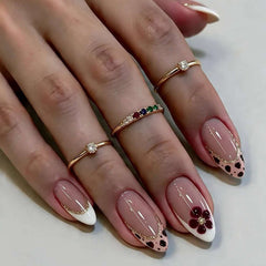 French Leopard Print Flower Presson on Nails 24Pcs Medium Almond Nails