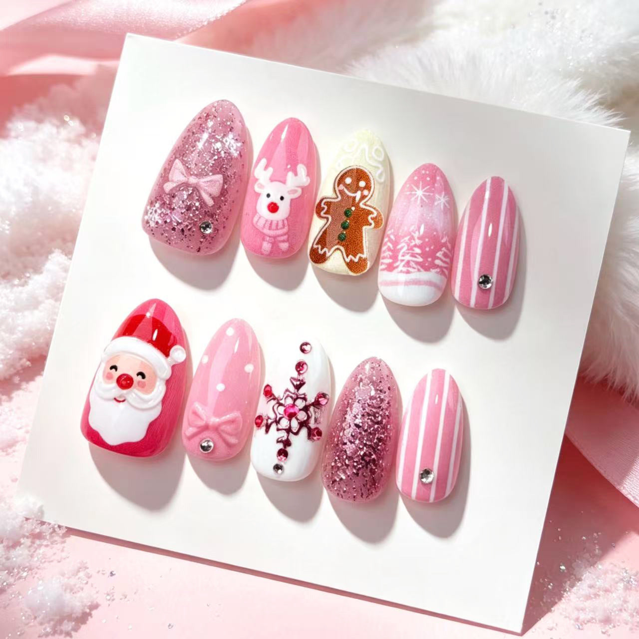 Pink Christmas Presson on Nails 10Pcs Medium Almond Nails