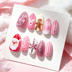 Pink Christmas Presson on Nails 10Pcs Medium Almond Nails