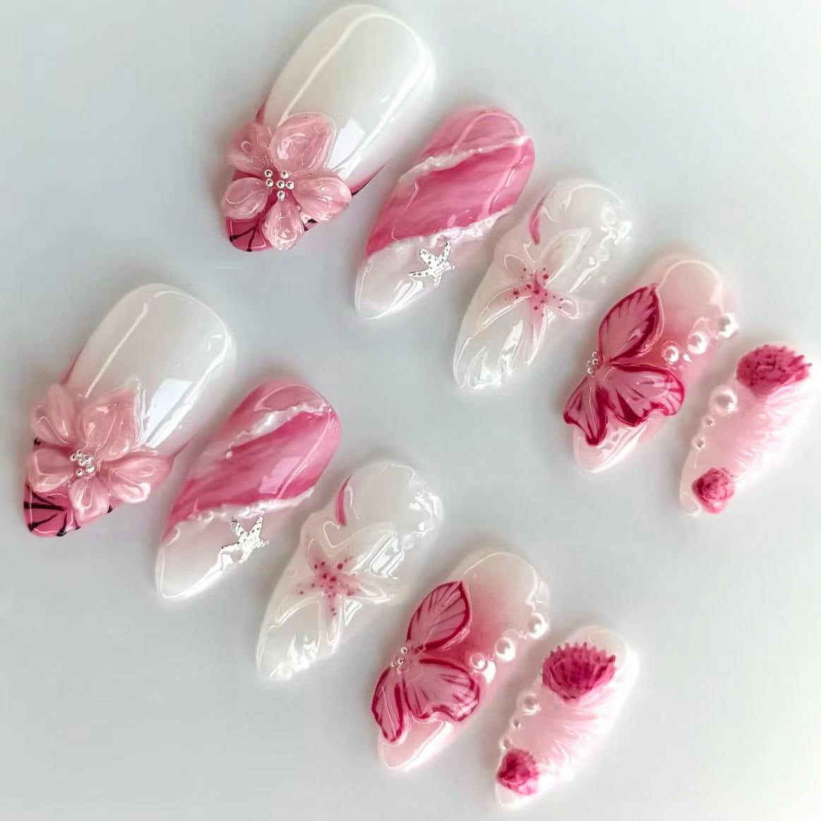 Pink 3D Flower Cat Eye（Handmade press on nails）/10Pcs Almond Nails