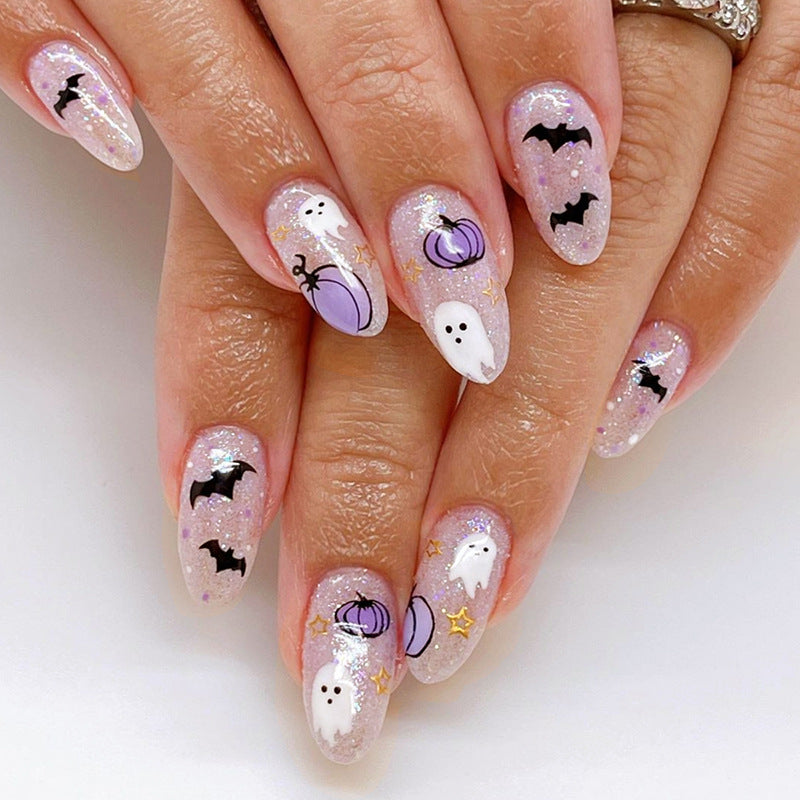 Purple Pumpkin Ghost Press on Nails 24Pcs Medium Oval Nails  