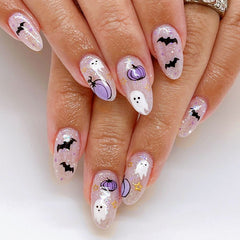 Purple Pumpkin Ghost Press on Nails 24Pcs Medium Oval Nails  