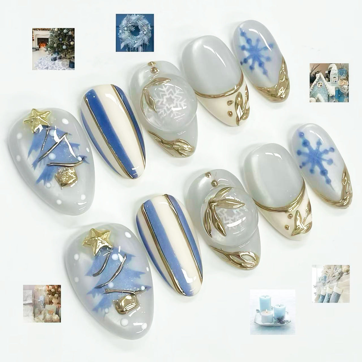 Blue Christmas Snowball Presson on Nails 10Pcs Medium Almond Nails