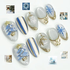 Blue Christmas Snowball Presson on Nails 10Pcs Medium Almond Nails
