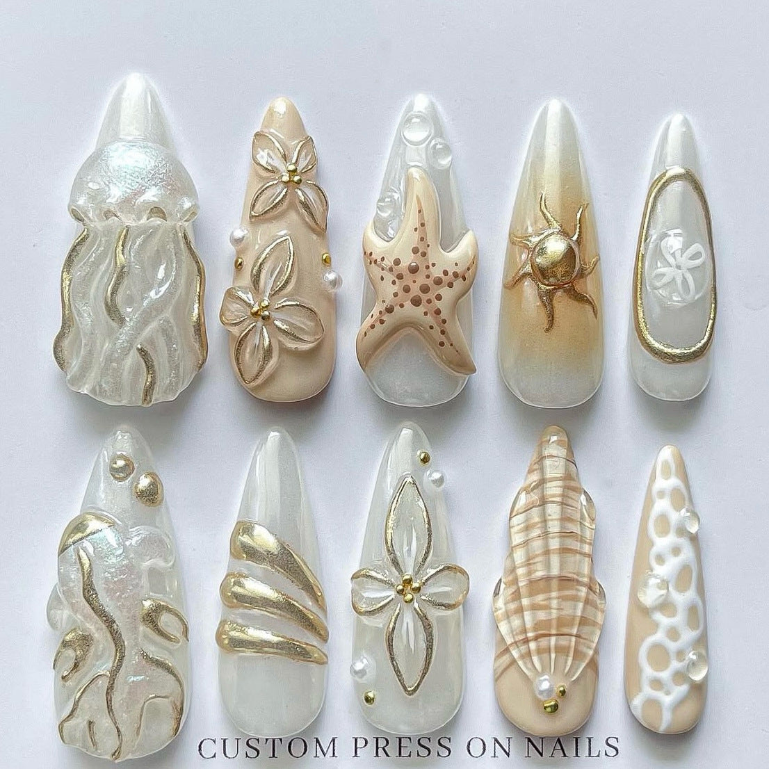 3D Jellyfish Shell Sun（Handmade press on nails）/10Pcs Almond Nails