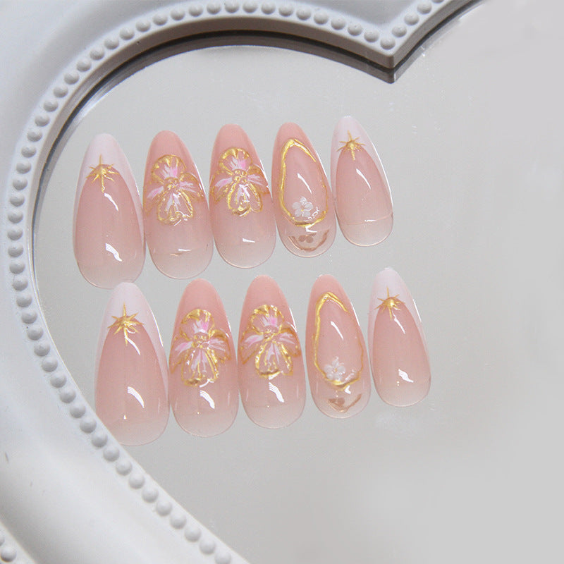 French 3D Flower Nude Press on Nails 24Pcs Medium Almond Nails