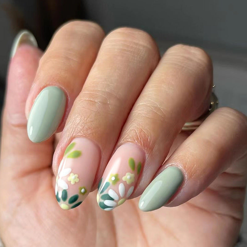 Fresh Flowers Press on Nails 24Pcs Short Oval Nails