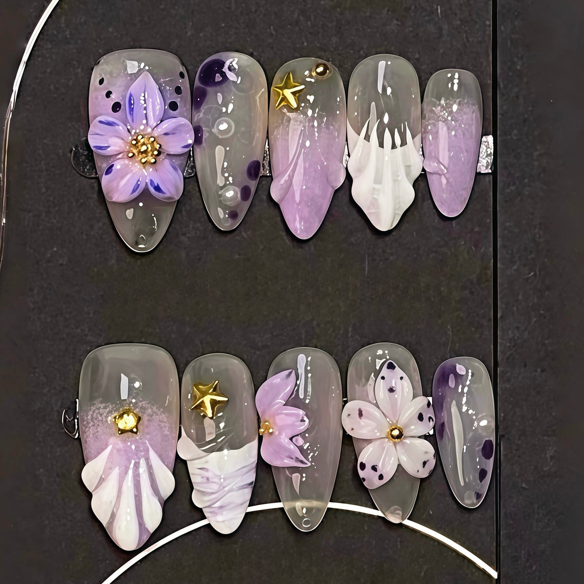 Iris Purple Flower Press on Nails 10Pcs Medium Almond Nails