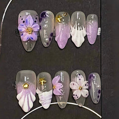 Iris Purple Flower Press on Nails 10Pcs Medium Almond Nails