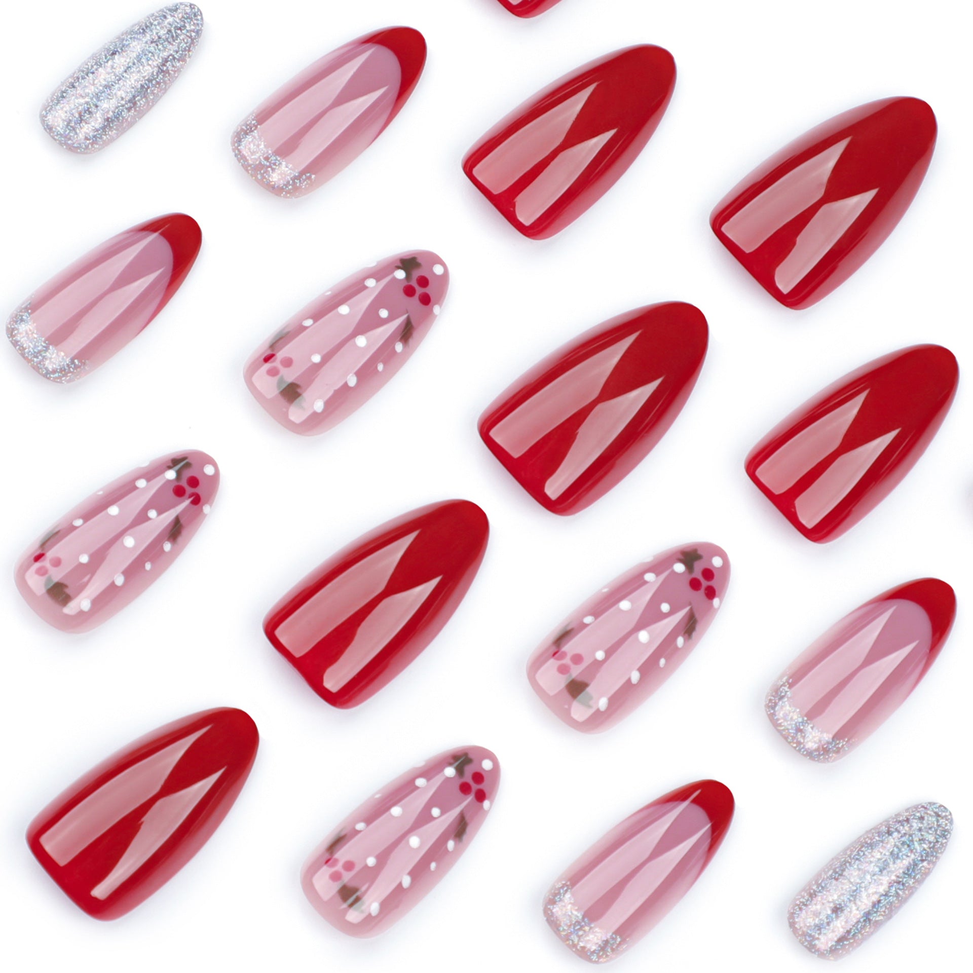 Red Candy Stripes Press on Nails 24Pcs Medium Almond Nails