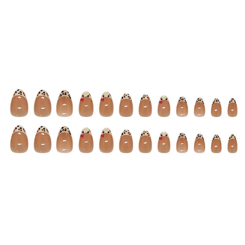 French Leopard Print Kitty Presson on Nails 24Pcs Medium Almond Nails