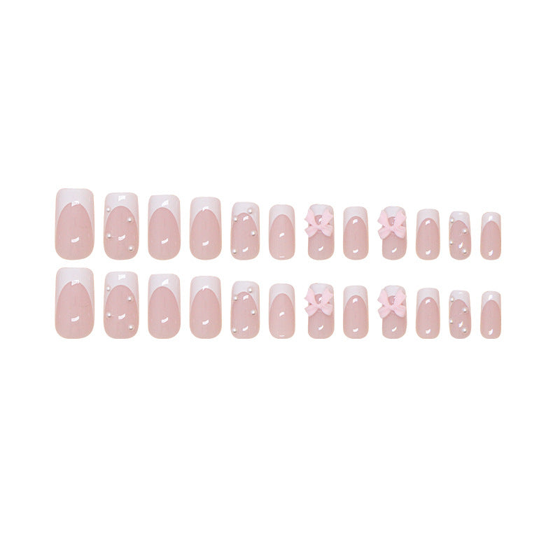 French Bow Pearls Pink Press on Nails 24Pcs Medium Squoval  Nails