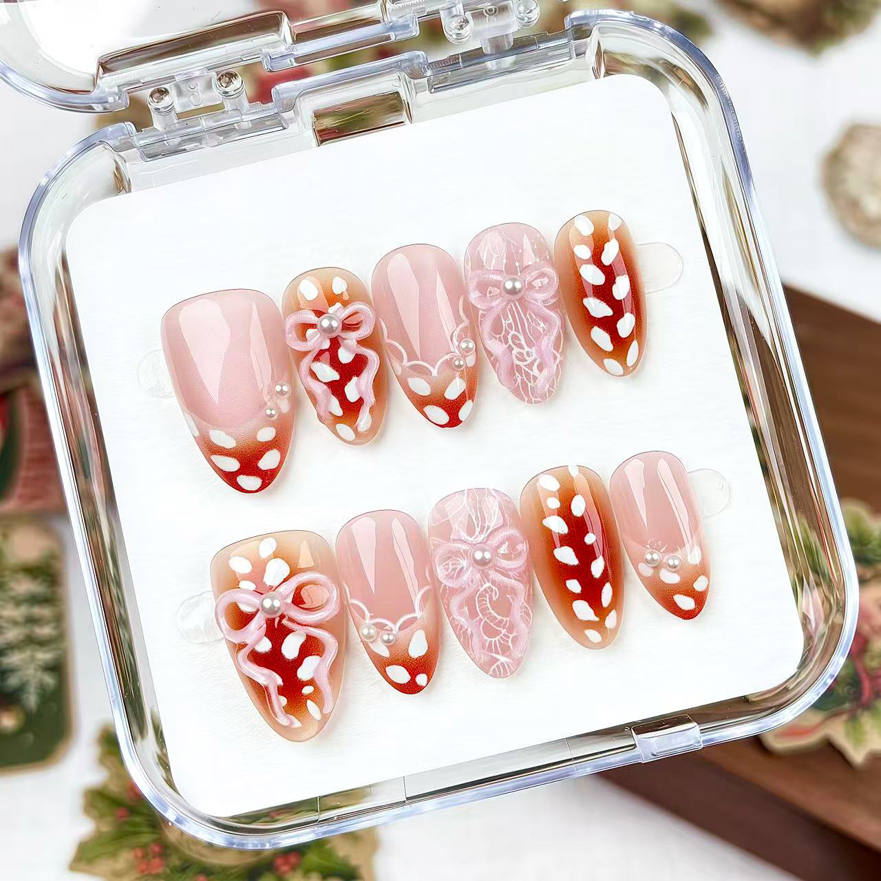 Deer Bow Presson on Nails 10Pcs Medium Almond Nails