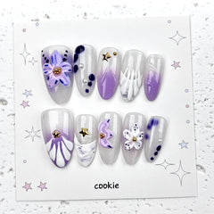 Iris Purple Flower Press on Nails 10Pcs Medium Almond Nails