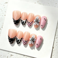 Zebra Pattern 3D Flower French Presson on Nails 10Pcs Medium Almond Nails