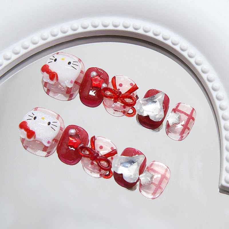 Polka Dot Stripe Kitty Diamond（Handmade Press On Nails）/10Pcs Short Children's Nails