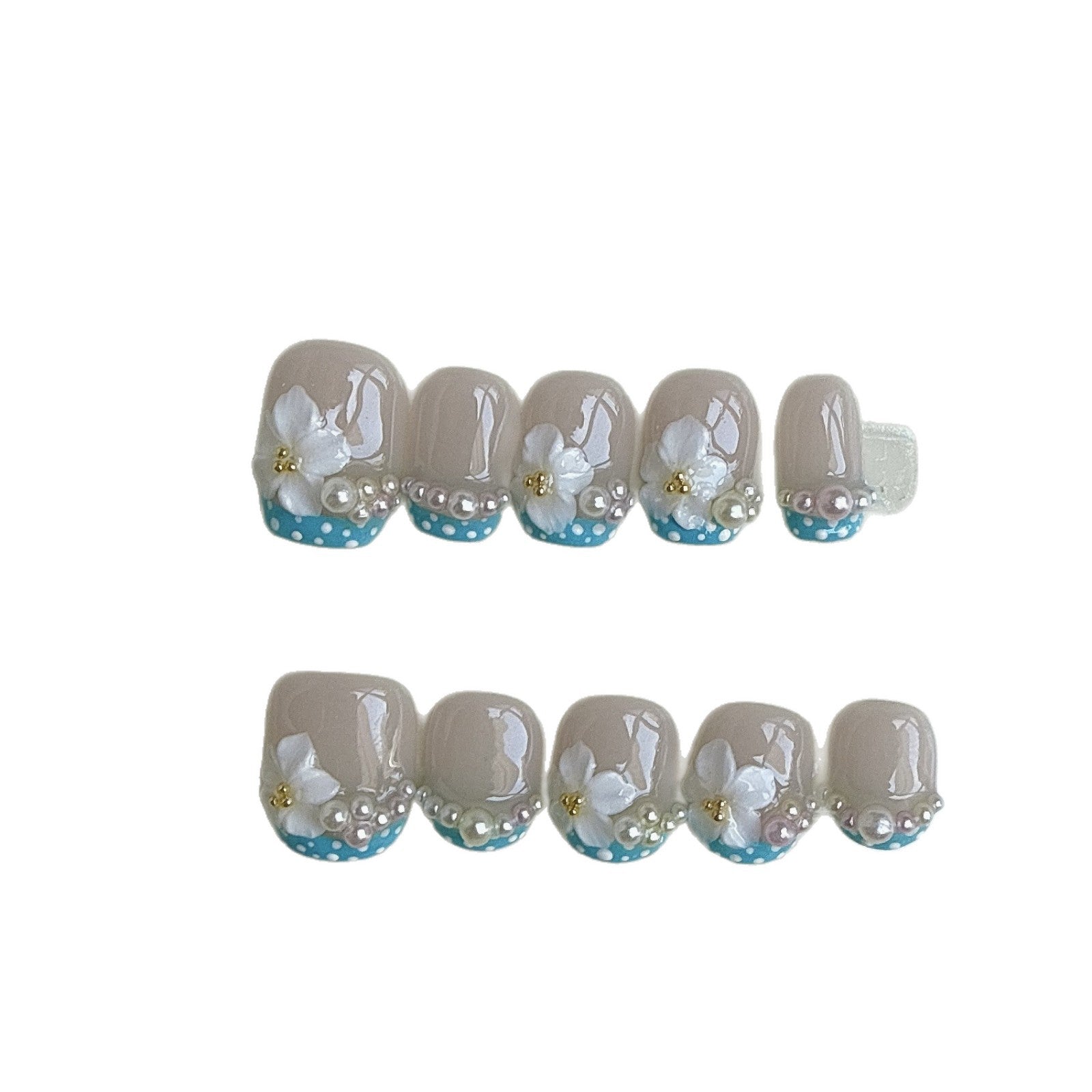 3D Flower Pearl French（Handmade press on nails）/10Pcs Square Nails