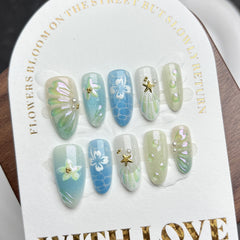 Ins Beach Vacation（Handmade press on nails）/10Pcs Almond Nails