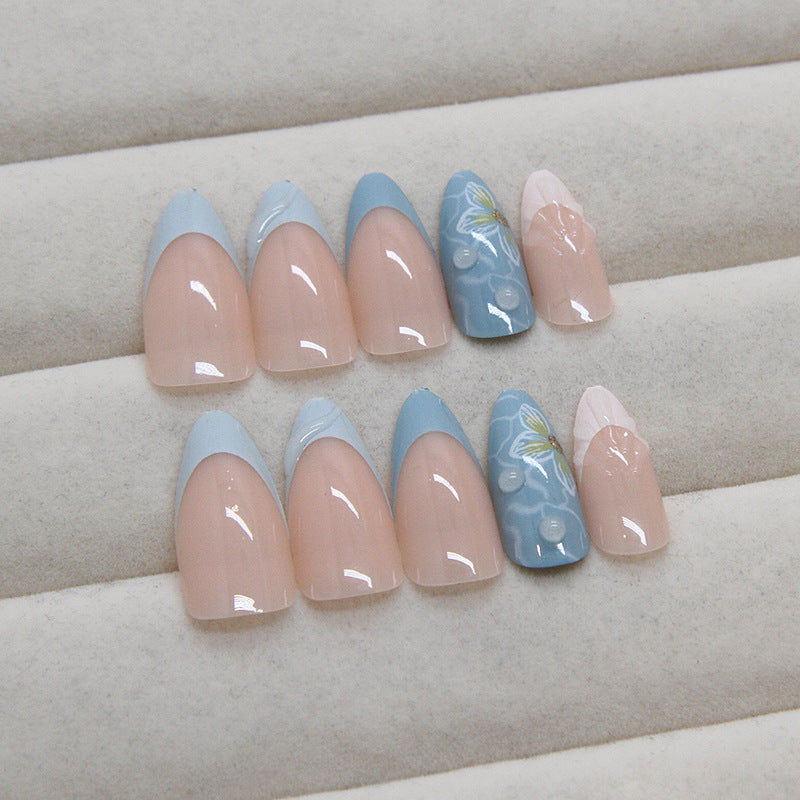 Summer Sea Wave Shells Blue Press on Nails 24Pcs Medium Almond Nails