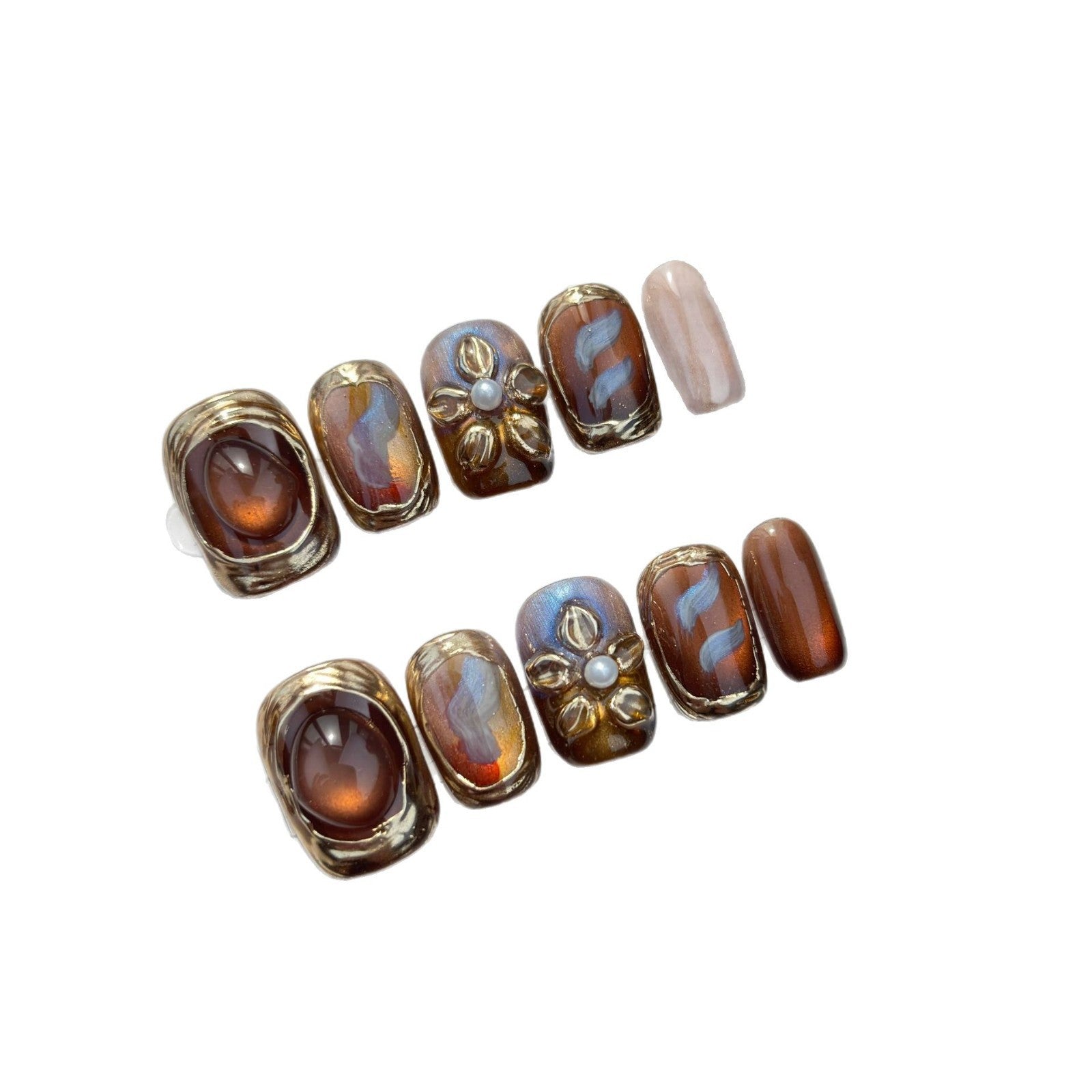 Cat Eye 3D Flower Sunset Handmade press on Nails / 10Pcs Squoval Nails