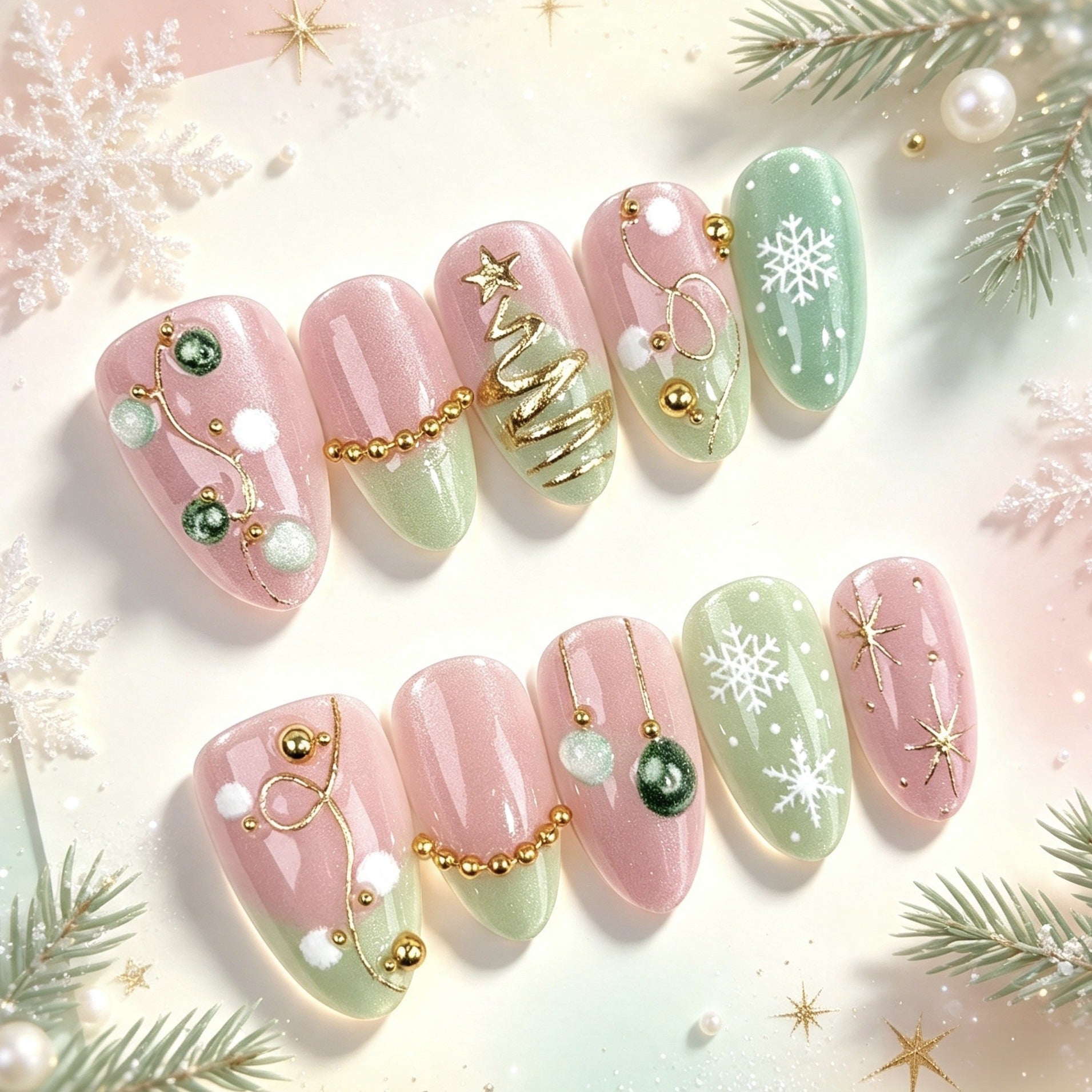 Forest Christmas Presson on Nails 10Pcs Medium Almond Nails