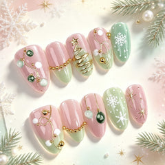 Forest Christmas Presson on Nails 10Pcs Medium Almond Nails