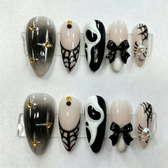 Scream Ghost Spiderweb Bow Presson on Nails 10Pcs Medium Almond Nails