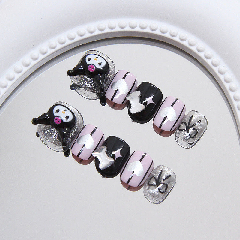 Kuromi Striped Bow（Handmade Press On Nails）/10Pcs Short Children's Nails