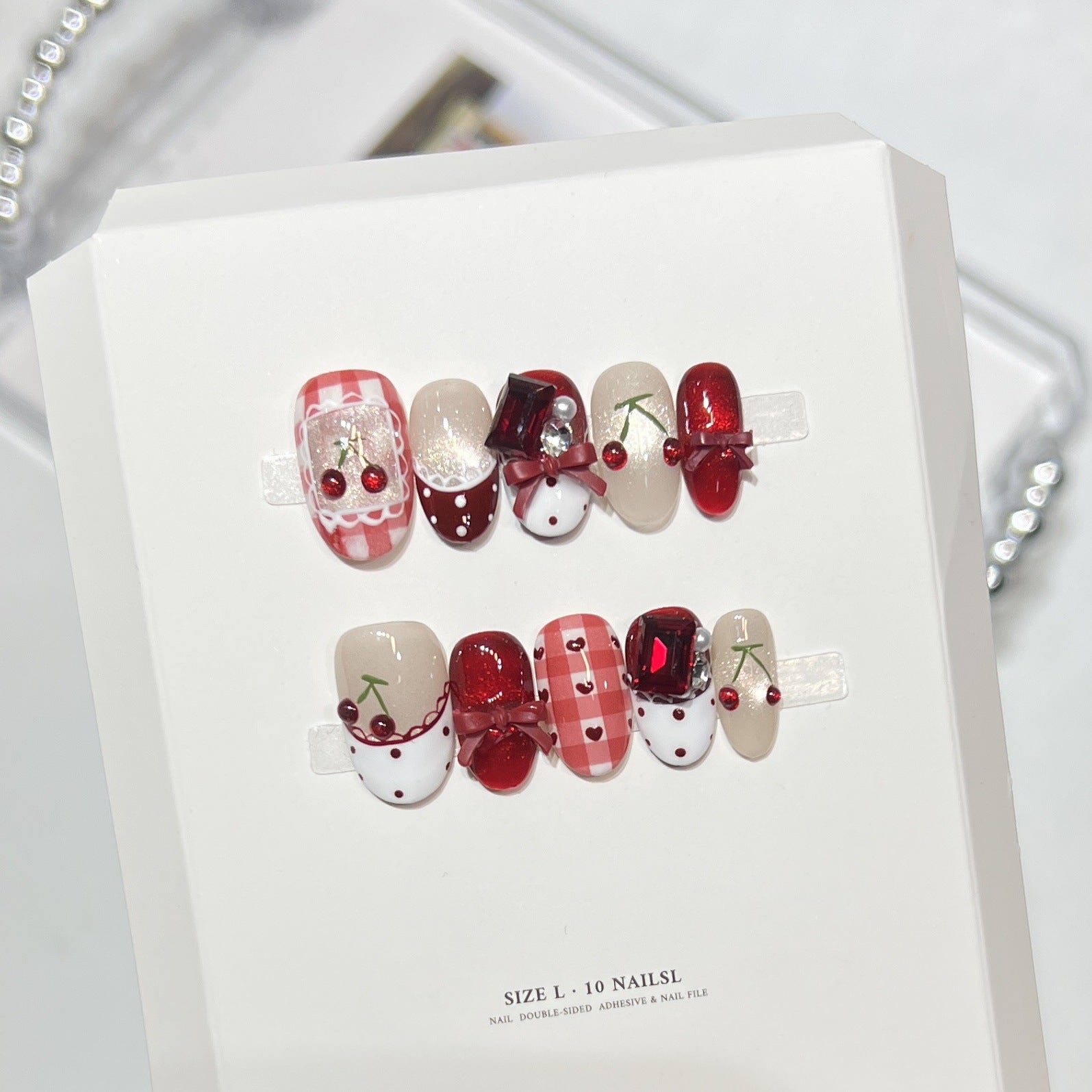 Cherry Heart（Handmade press on nails）/10Pcs Almond Nails