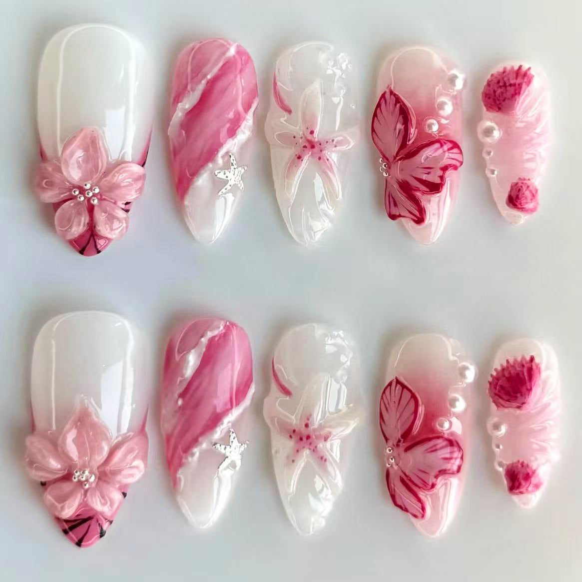 Pink 3D Flower Cat Eye（Handmade press on nails）/10Pcs Almond Nails
