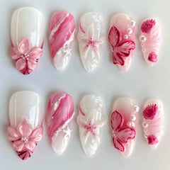 Pink 3D Flower Cat Eye（Handmade press on nails）/10Pcs Almond Nails