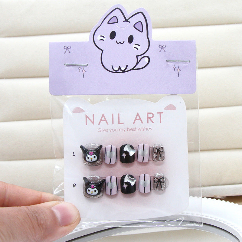 Kuromi Striped Bow（Handmade Press On Nails）/10Pcs Short Children's Nails