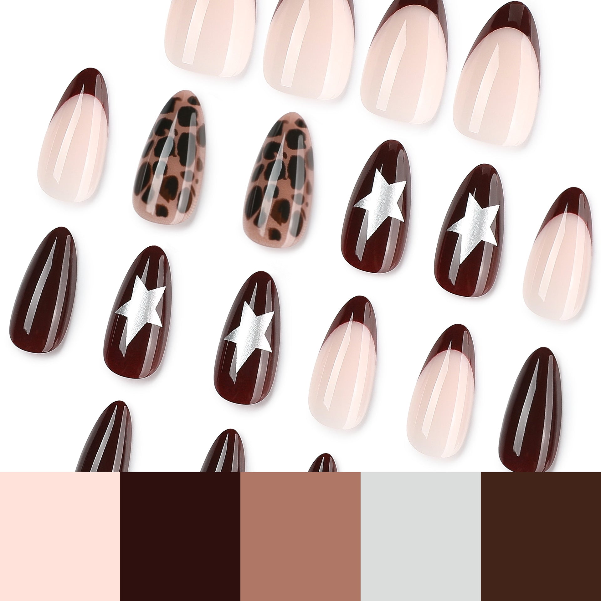 Leopard Print Stars Presson on Nails 24Pcs Medium Almond Nails