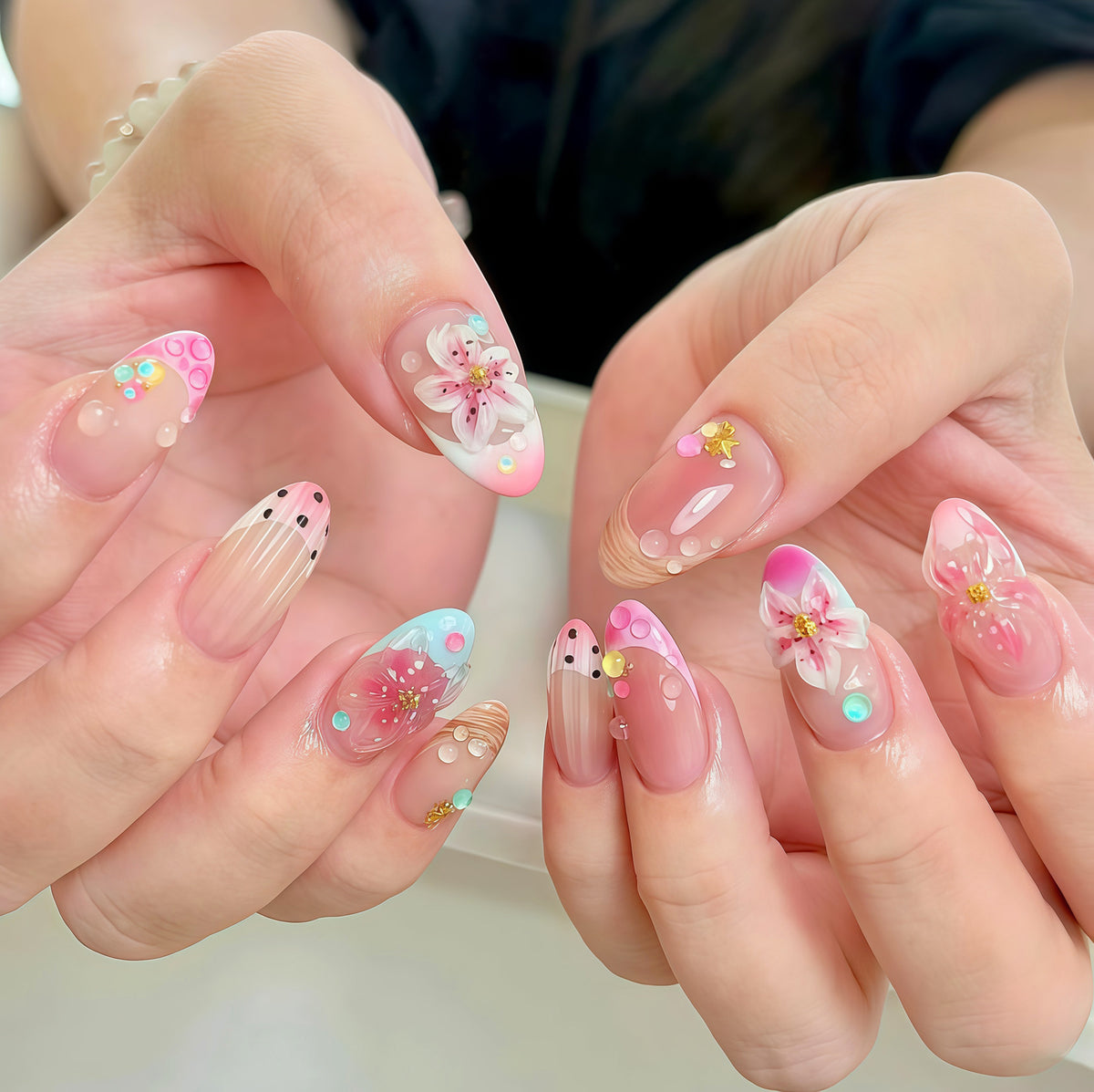 Ocean Pink Flower Press on Nails 10Pcs Medium Almond Nails