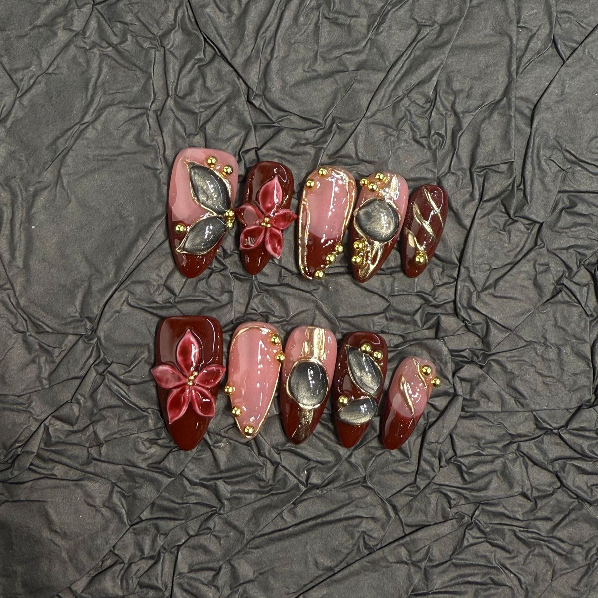 Red Velvet 3D Flower（Handmade press on nails）/10Pcs Almond Nails