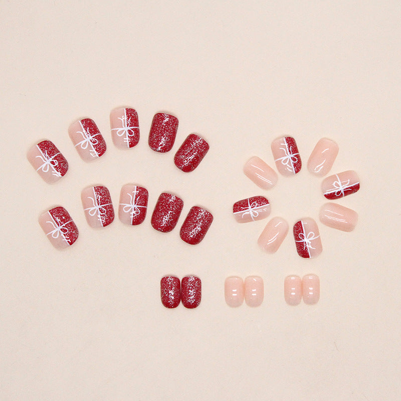 Red Gift Box Press on Nails 24Pcs Short Squoval  Nails