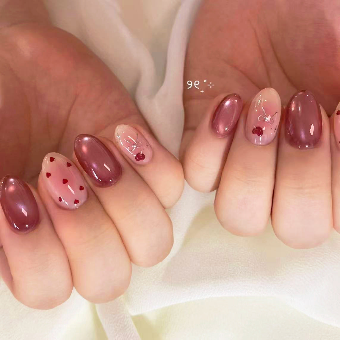 Bow Love Heart Cat Eye（Handmade press on nails）/10Pcs Almond Nails