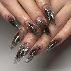 Ice Butterfly Press on Nails 24Pcs Long Almond Nails