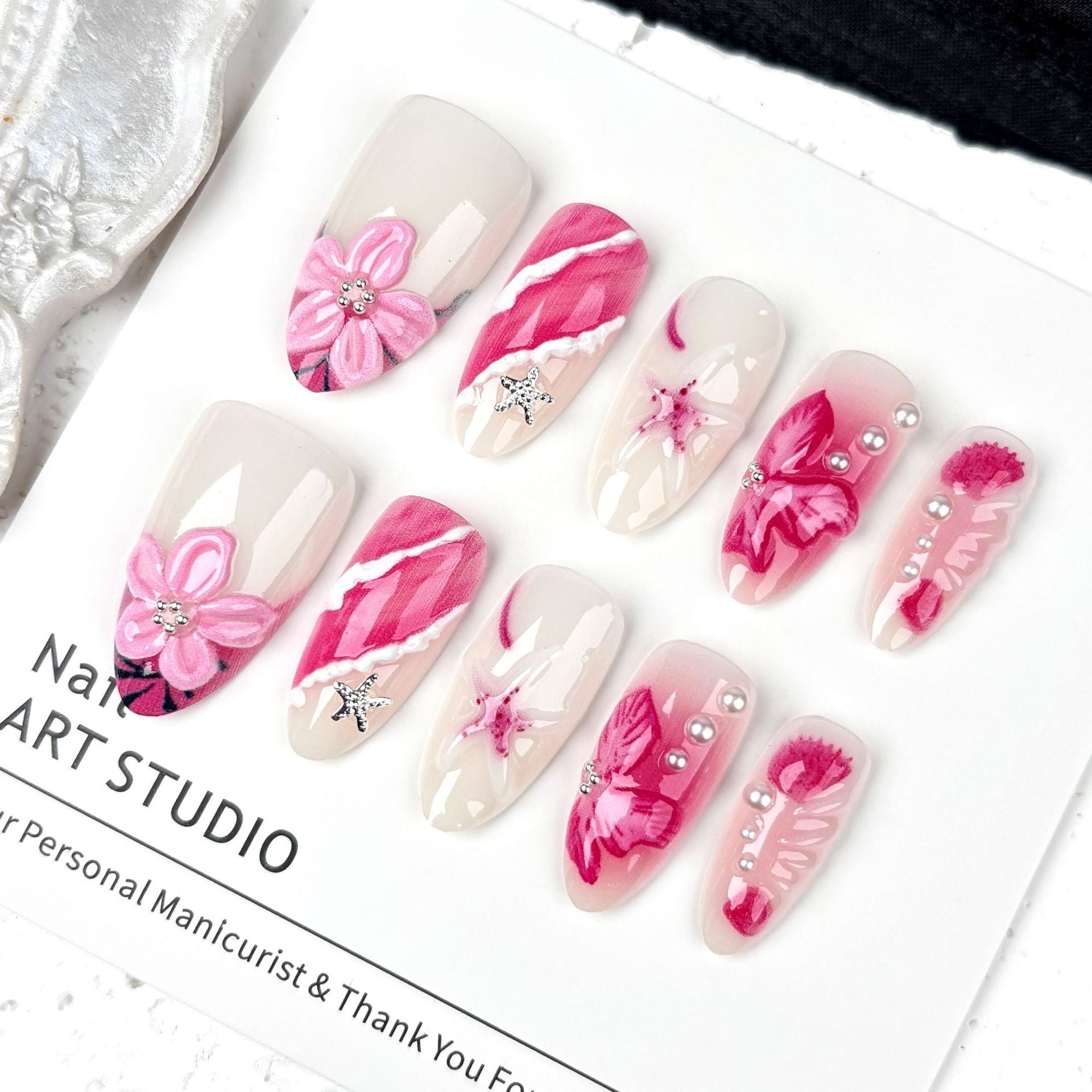 Pink 3D Flower Cat Eye（Handmade press on nails）/10Pcs Almond Nails