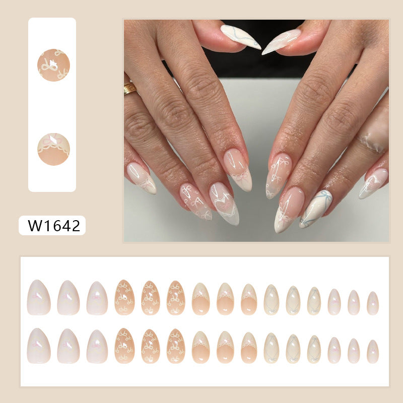 Lace Love Bow Nude Press on Nails 24Pcs Short Almond Nails