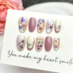 Butterfly Diamond Flower（Handmade press on nails）/10Pcs Oval Nails