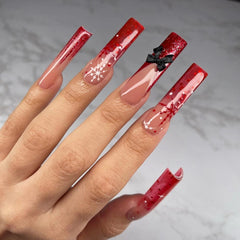 Snowflake Bow Press on Nails 24Pcs Long Squoval Nails