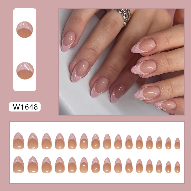 3D Line French Pink Press on Nails 24Pcs Short Almond Nails