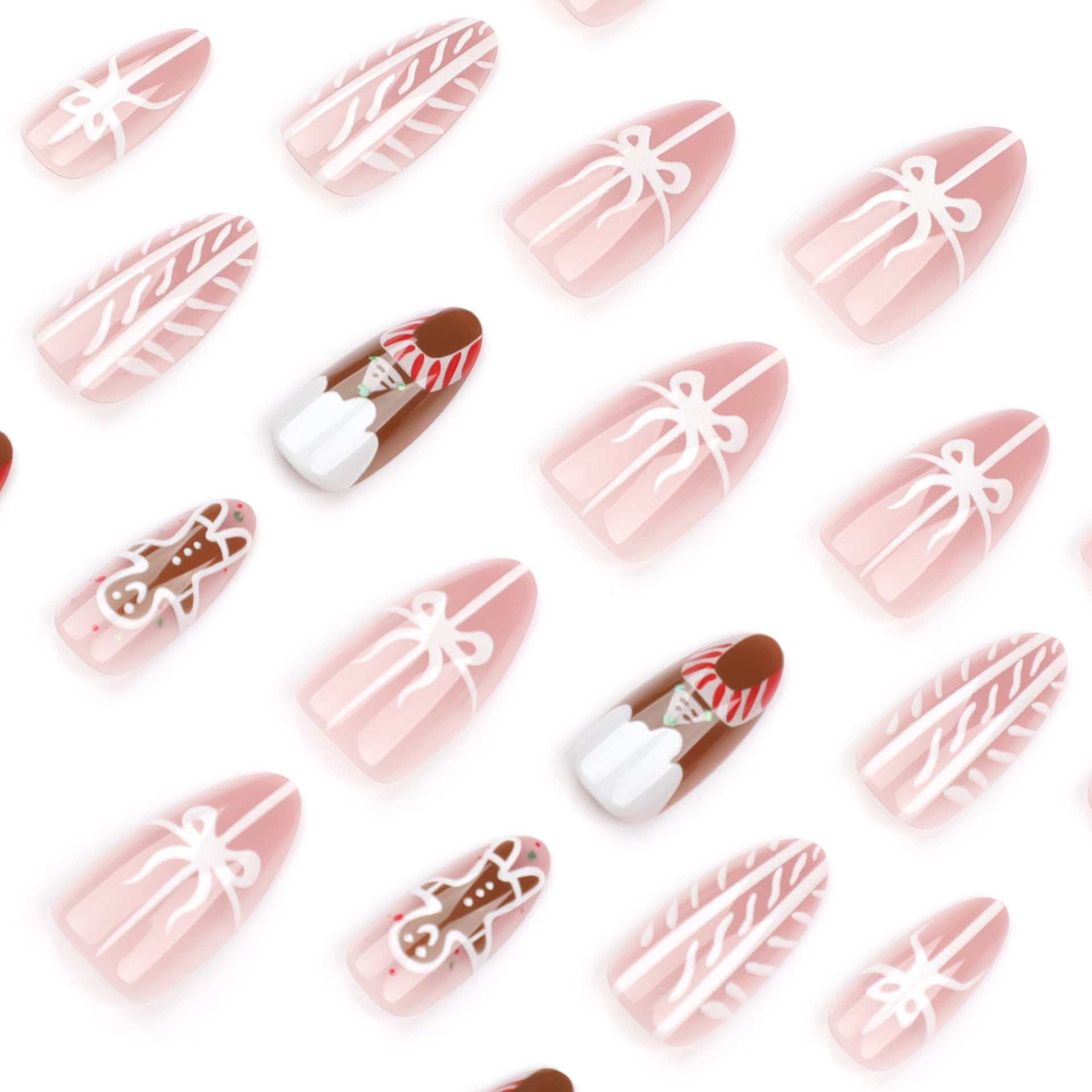 Gingerbread Man Candy Bow Press on Nails 24Pcs Medium Almond Nails