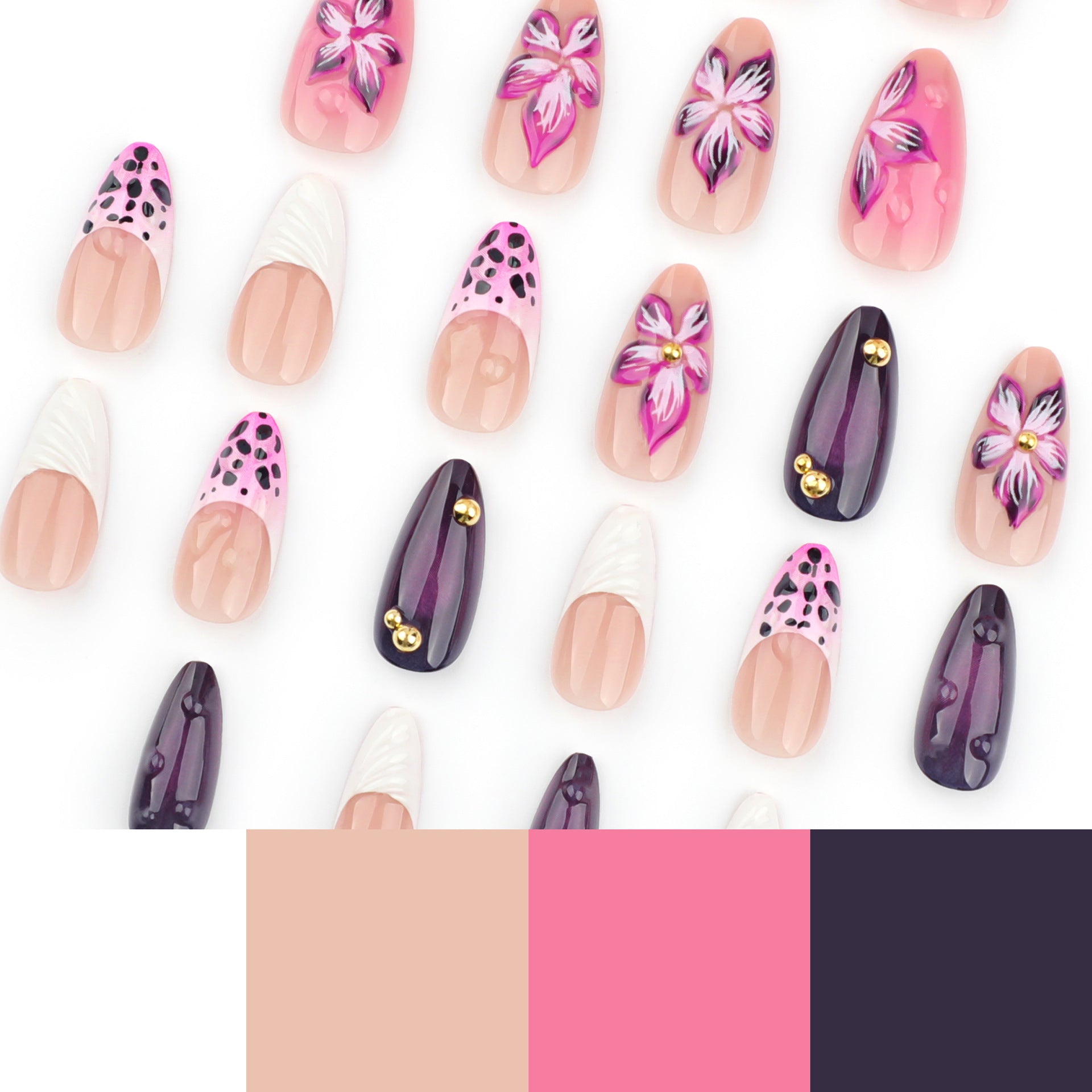 French 3D Purple Flower Press on Nails 24Pcs Medium Almond Nails